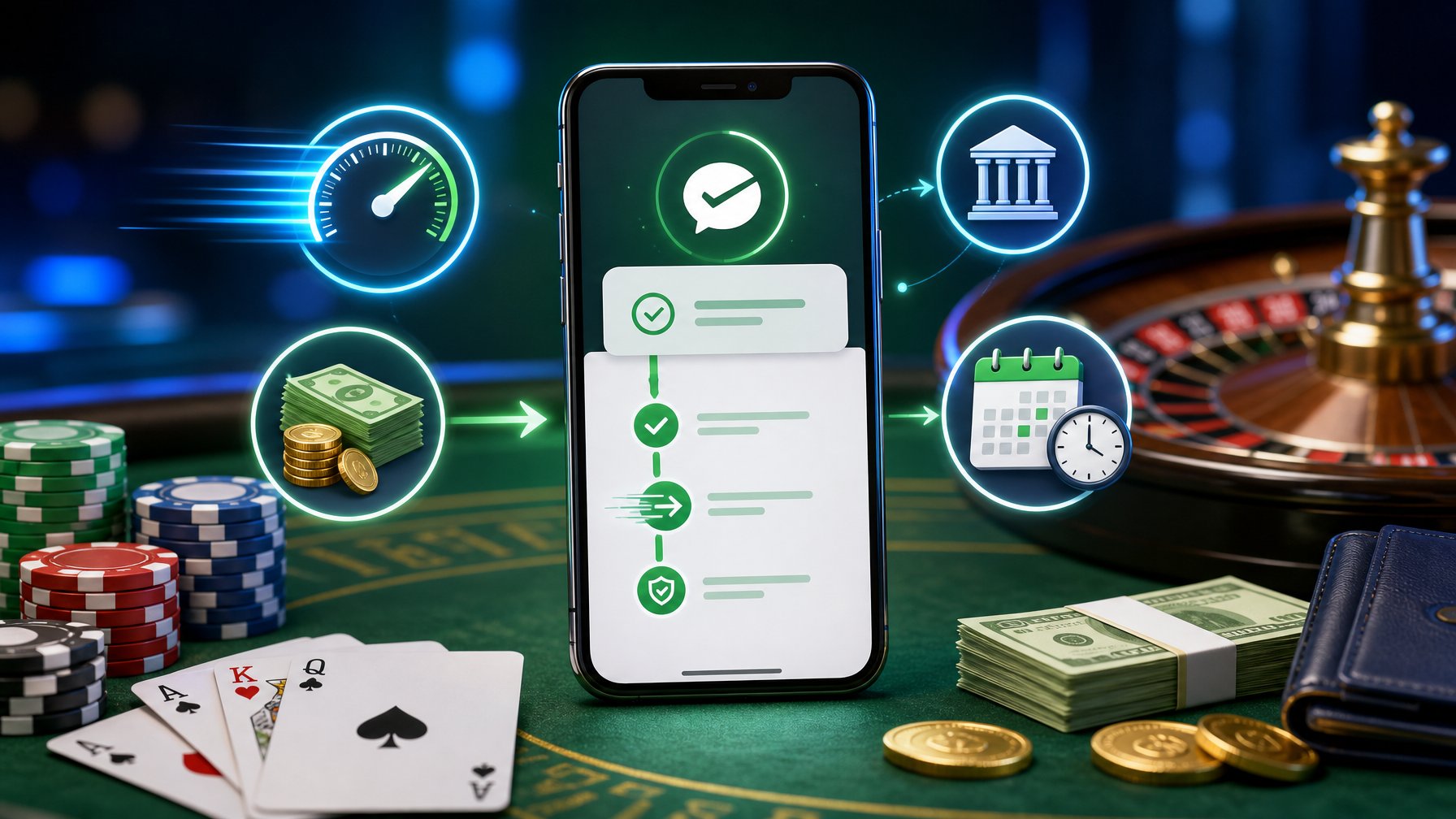 A Smartphone Displaying A Wechat Pay Transaction With Casino Elements Like Poker Chips And Cards In The Background, Symbolizing Fast And Practical Digital Payments.