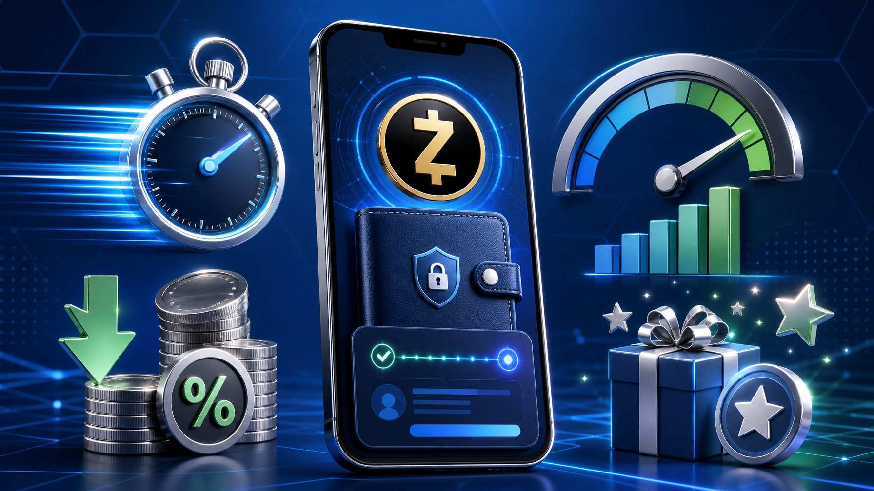 A Digital Wallet Showing A Zcash Transaction Surrounded By Icons Representing Speed, Fees, Transaction Limits, And Bonus Eligibility.