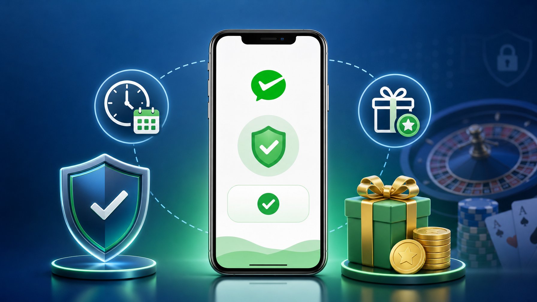 A Smartphone Showing A Secure Payment Interface With Icons Representing Safety, Availability, And Bonuses Around It.