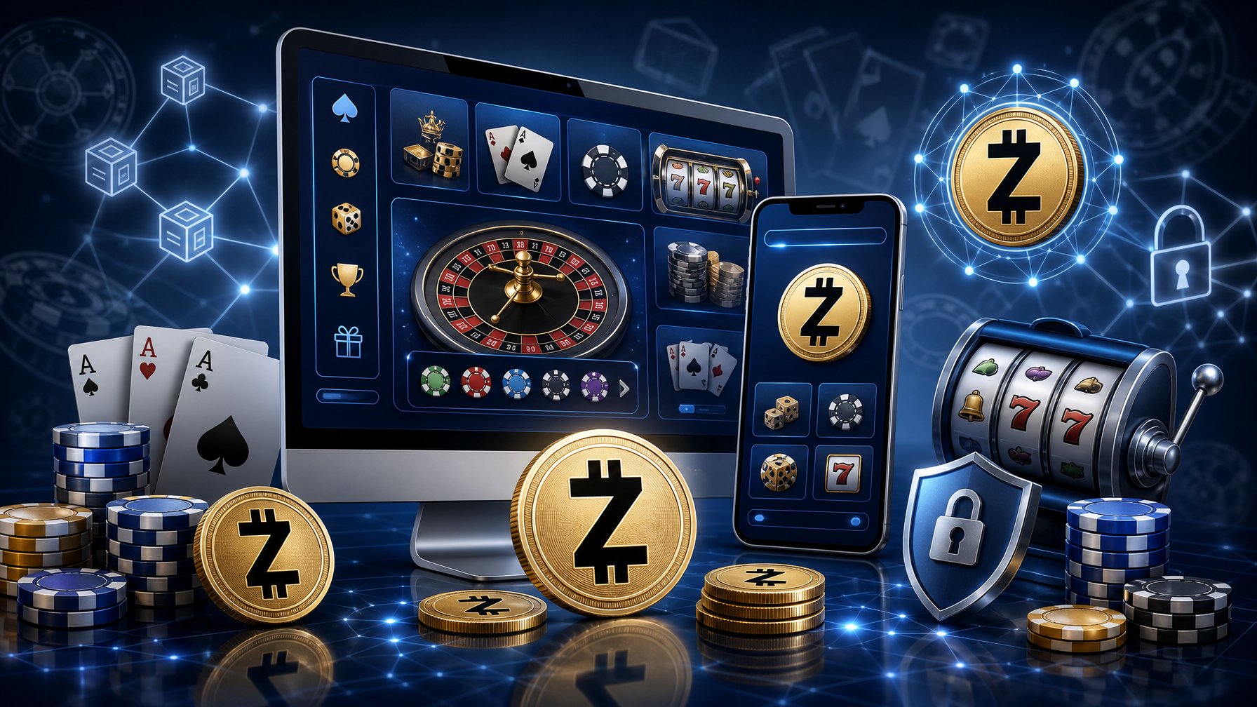 A Digital Casino Interface On A Computer And Smartphone Surrounded By Zcash Cryptocurrency Symbols And Gaming Elements Representing Secure Online Payments.