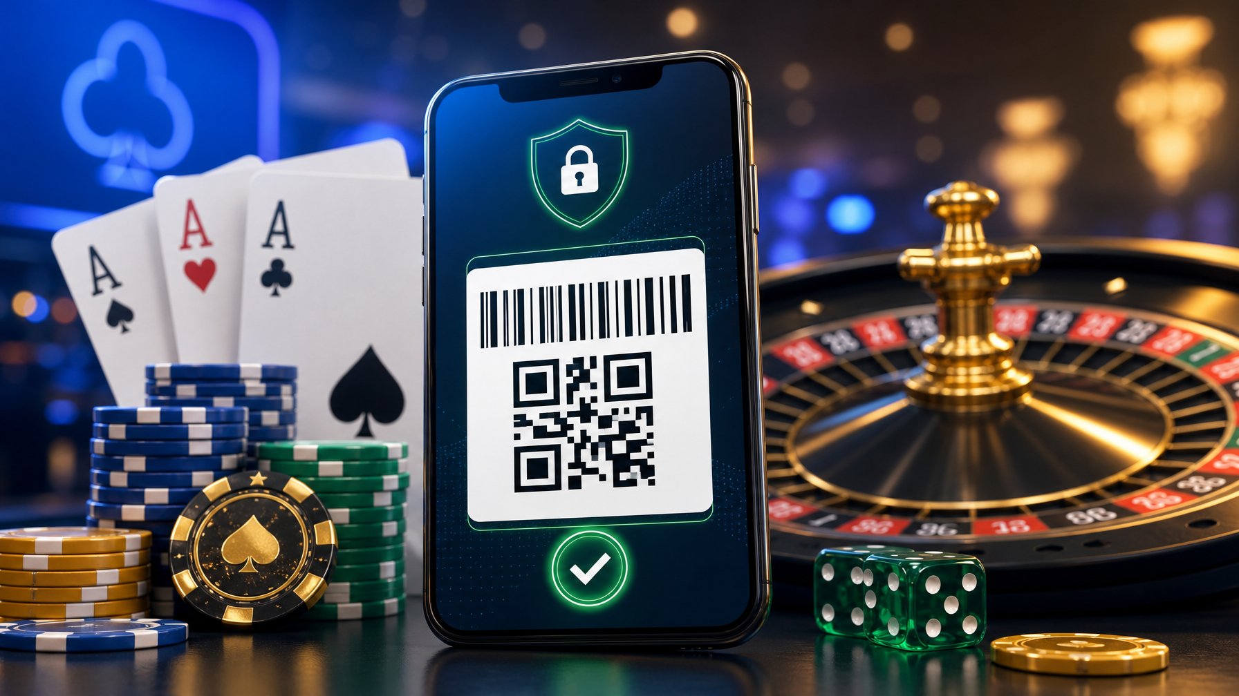 A Digital Payment Screen With A Barcode Symbol Surrounded By Casino Items Like Poker Chips, Cards, And A Roulette Wheel.