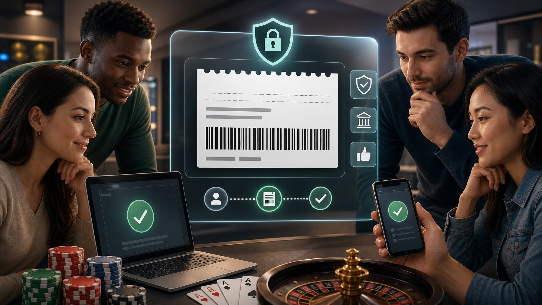 A Group Of Players Using A Digital Device To Make A Secure Online Payment With A Boleto Slip In A Casino Setting.