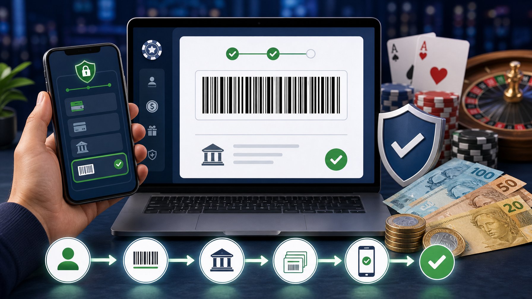 A Person Using A Smartphone Showing A Boleto Barcode For Payment, Surrounded By Icons Representing Secure Transactions And Casino Elements Like Poker Chips And Playing Cards.