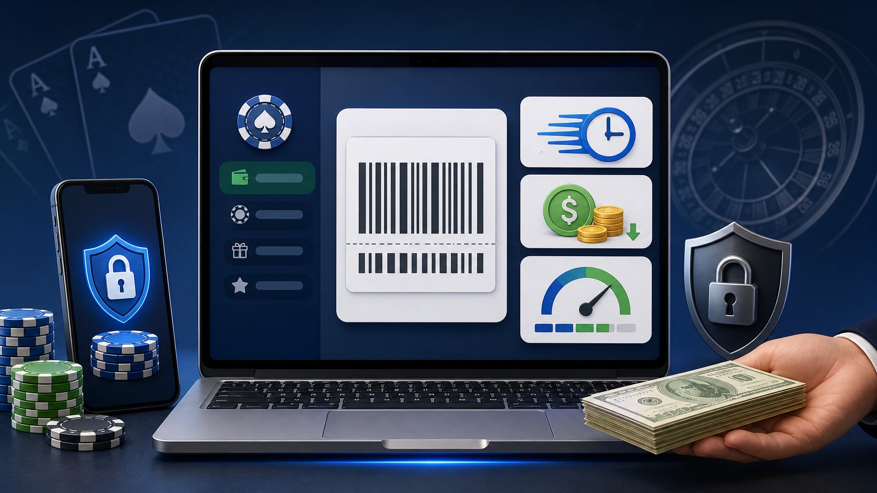 A Digital Payment Interface Showing Icons For Speed, Low Fees, Transaction Limits, And Secure Withdrawals Related To Boleto Casino Payments.