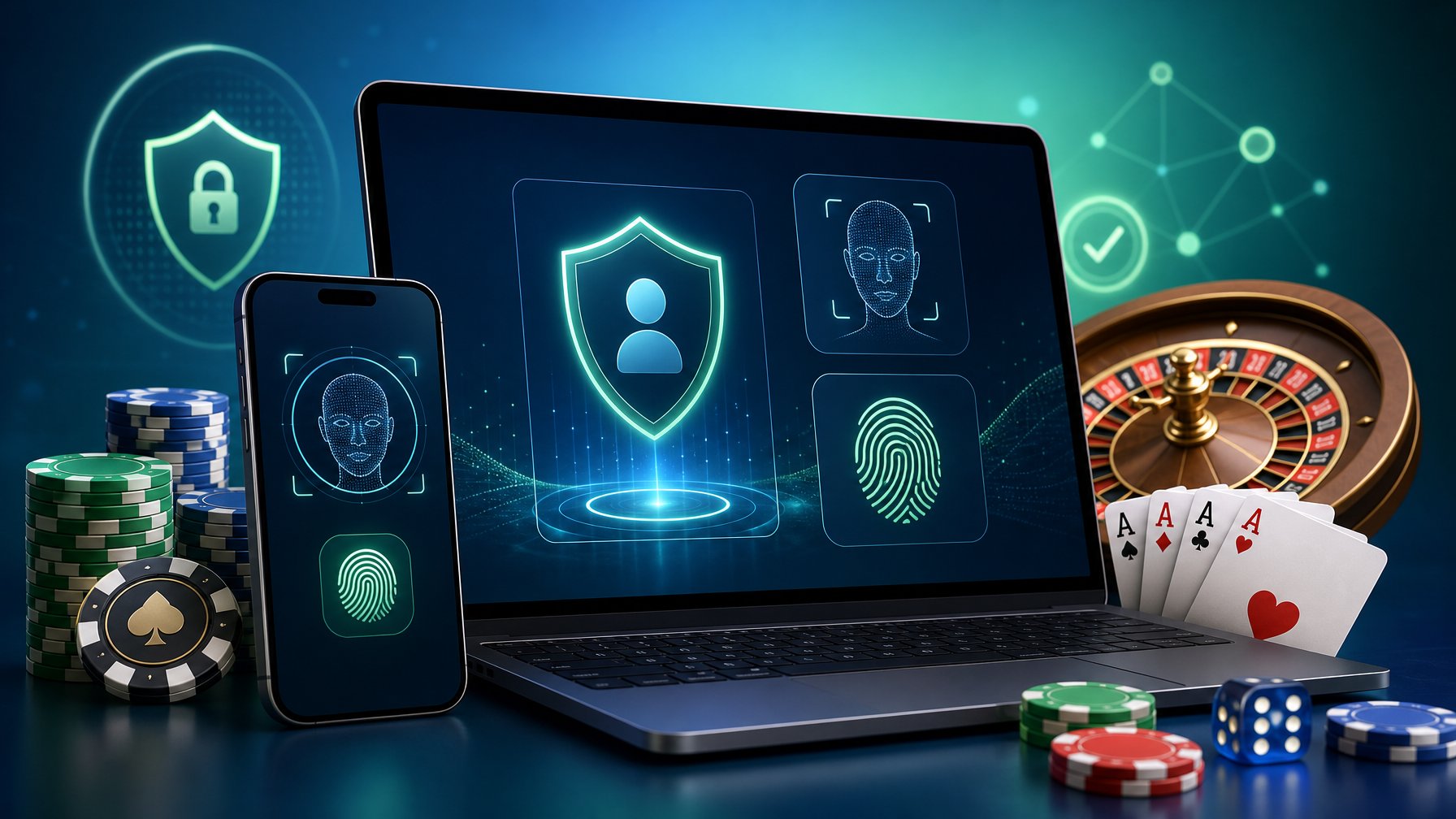A Digital Device Displaying A Secure Login Process Surrounded By Casino Elements Like Poker Chips, Playing Cards, And A Roulette Wheel.