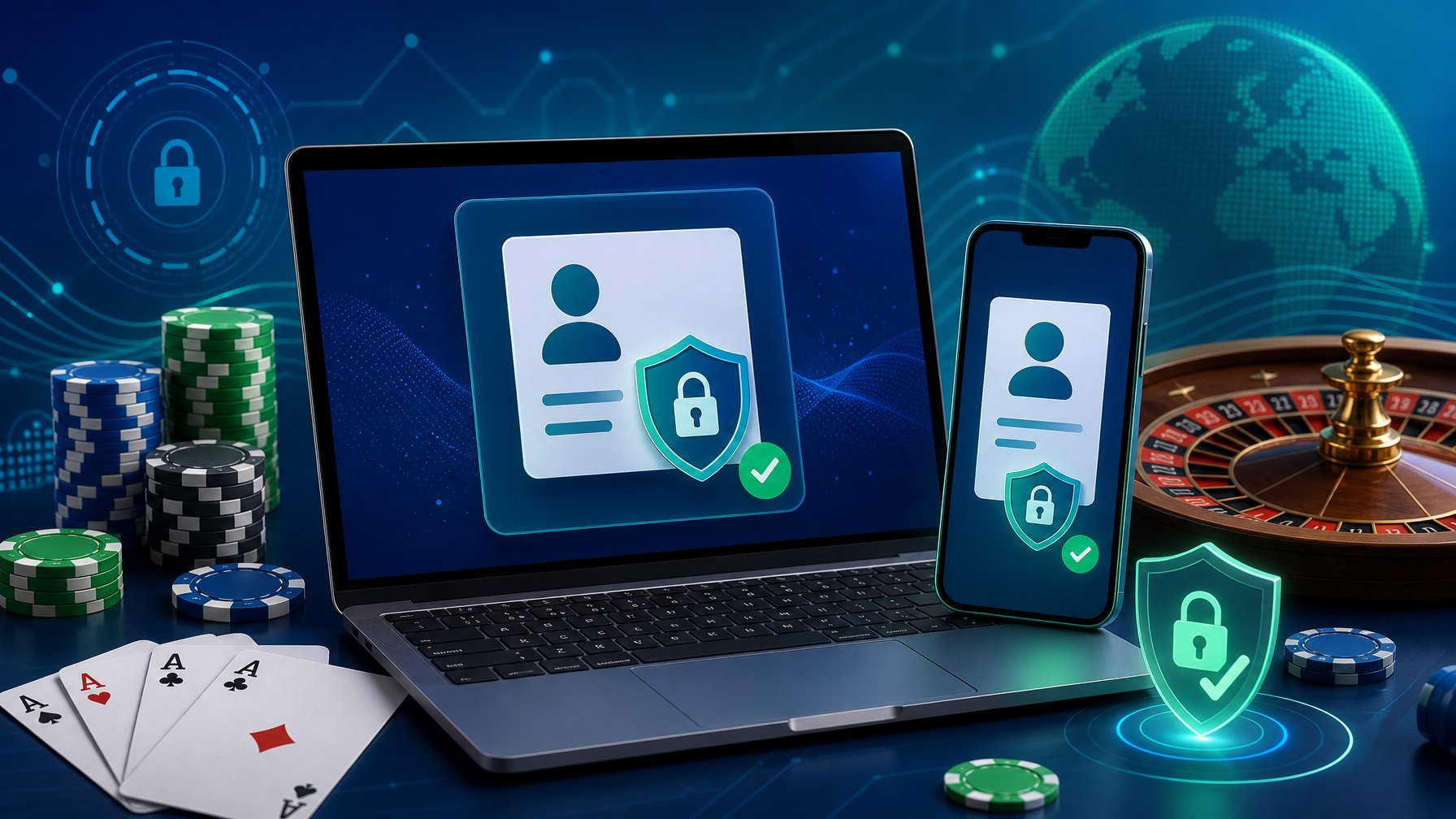 A Laptop Or Smartphone Showing A Digital Id Verification Screen Surrounded By Casino Elements Like Poker Chips, Playing Cards, And A Roulette Wheel, Symbolizing Secure Payment At Online Casinos.