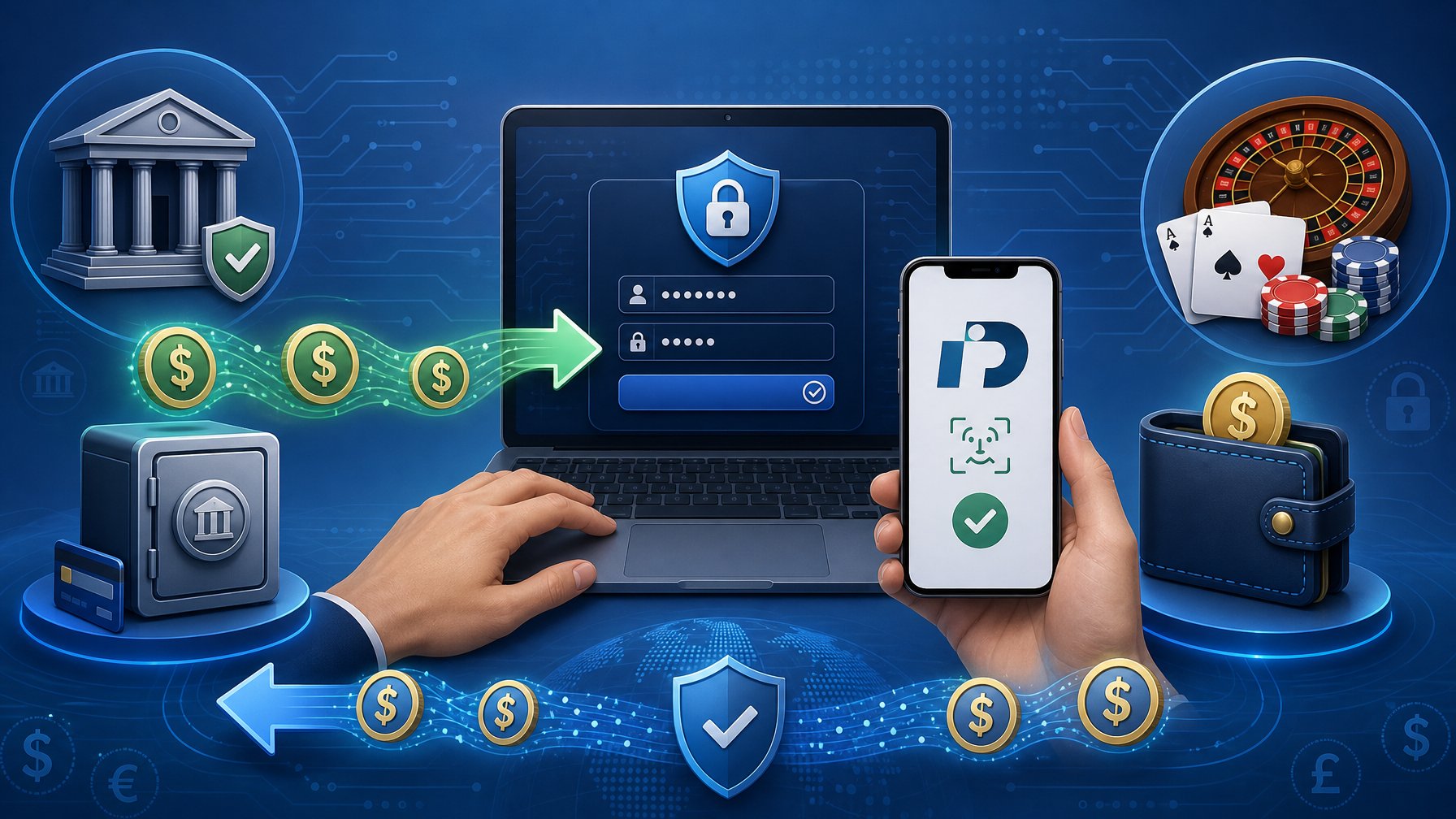 Illustration Showing A User Securely Logging In With Bankid On A Smartphone, With Digital Money Flowing Between A Bank Account And An Online Casino Wallet To Represent Deposits And Withdrawals.