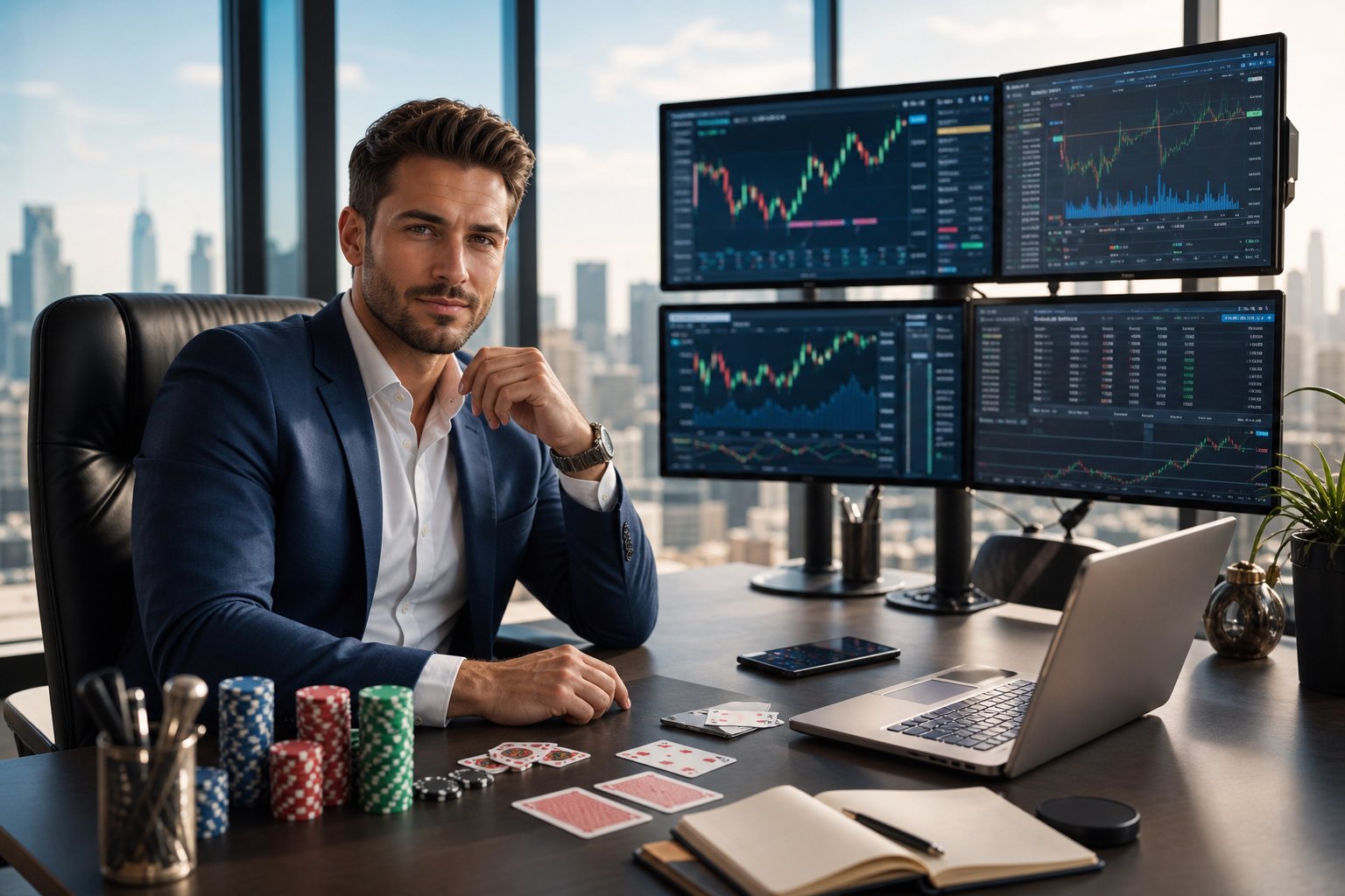 A confident person in a modern office with computer screens showing financial data, poker chips, and playing cards on the desk, overlooking a city skyline.