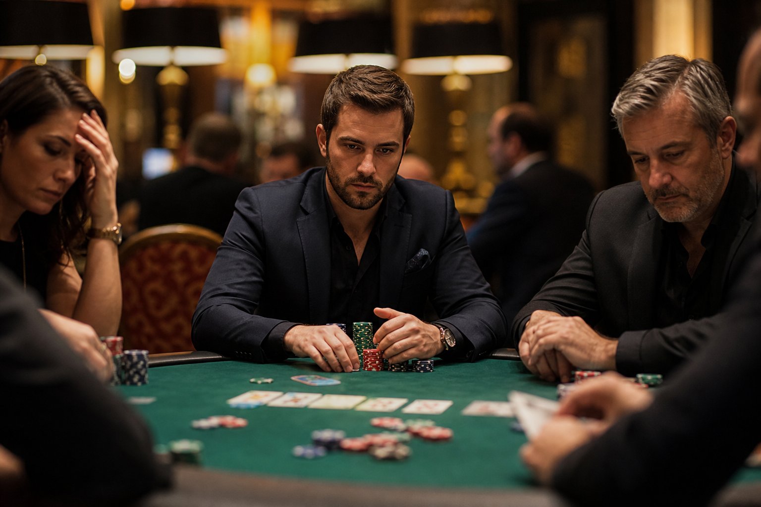 A focused professional gambler sitting at a poker table in a casino, studying cards and chips with other players around.