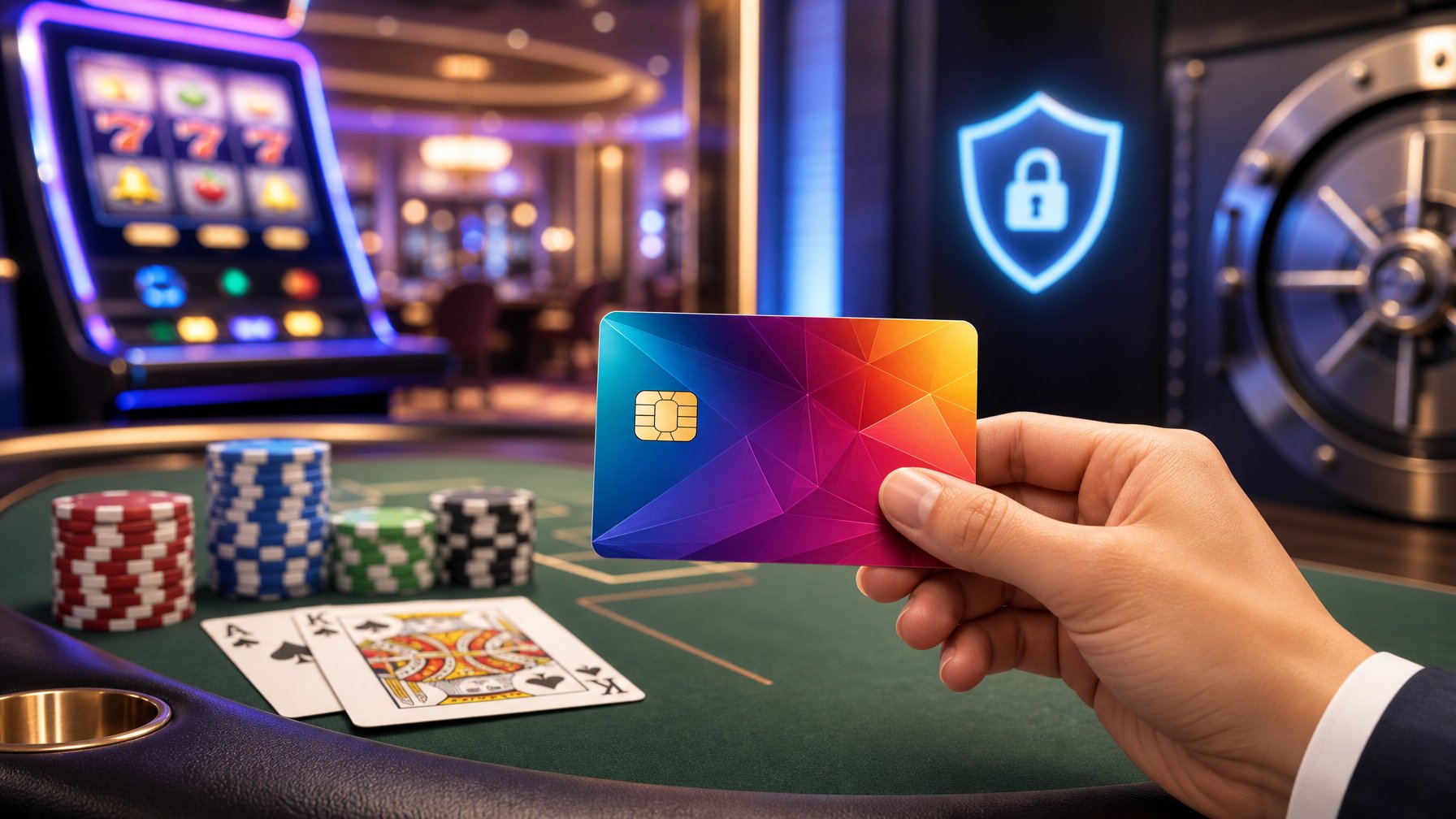 A Hand Holding A Colorful Prepaid Card In A Casino Setting With Poker Chips, Playing Cards, And A Slot Machine In The Background.