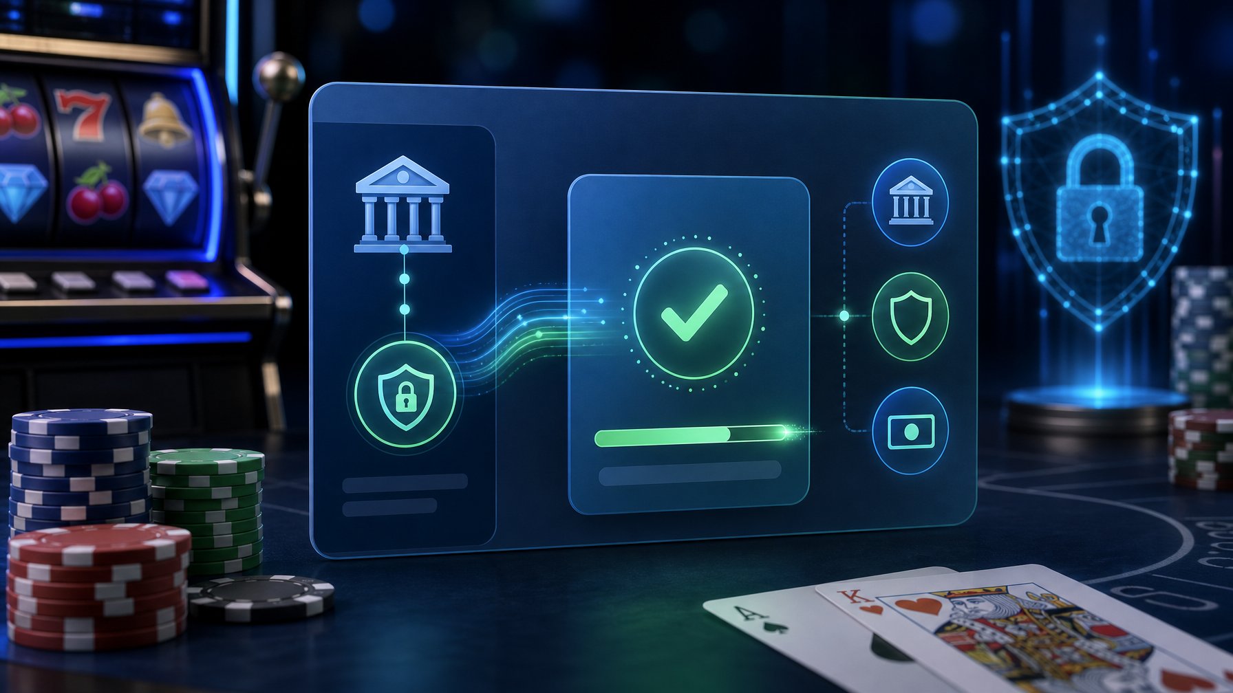 A Digital Payment Interface With Casino Elements Like Poker Chips And Playing Cards In The Background, Illustrating A Secure And Seamless Transaction.