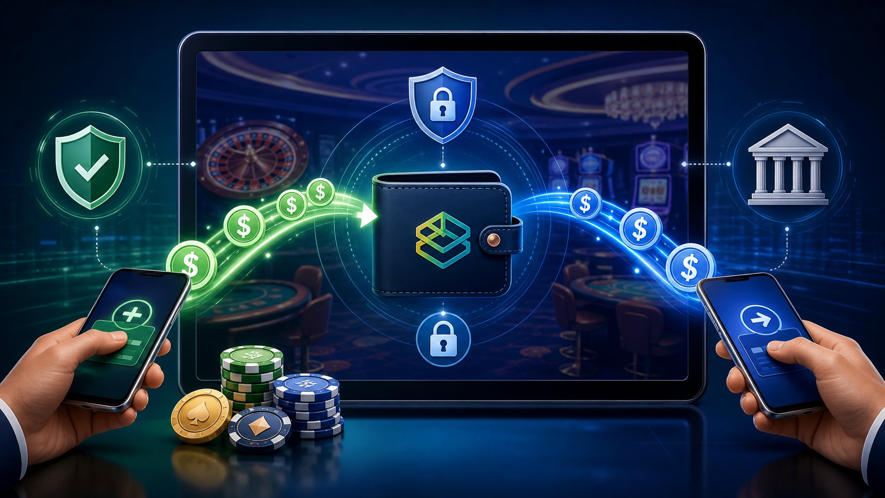 Illustration Showing Hands Making Deposits And Withdrawals In A Digital Casino Payment System With Currency Icons Moving Between A Wallet And Payment Gateway.