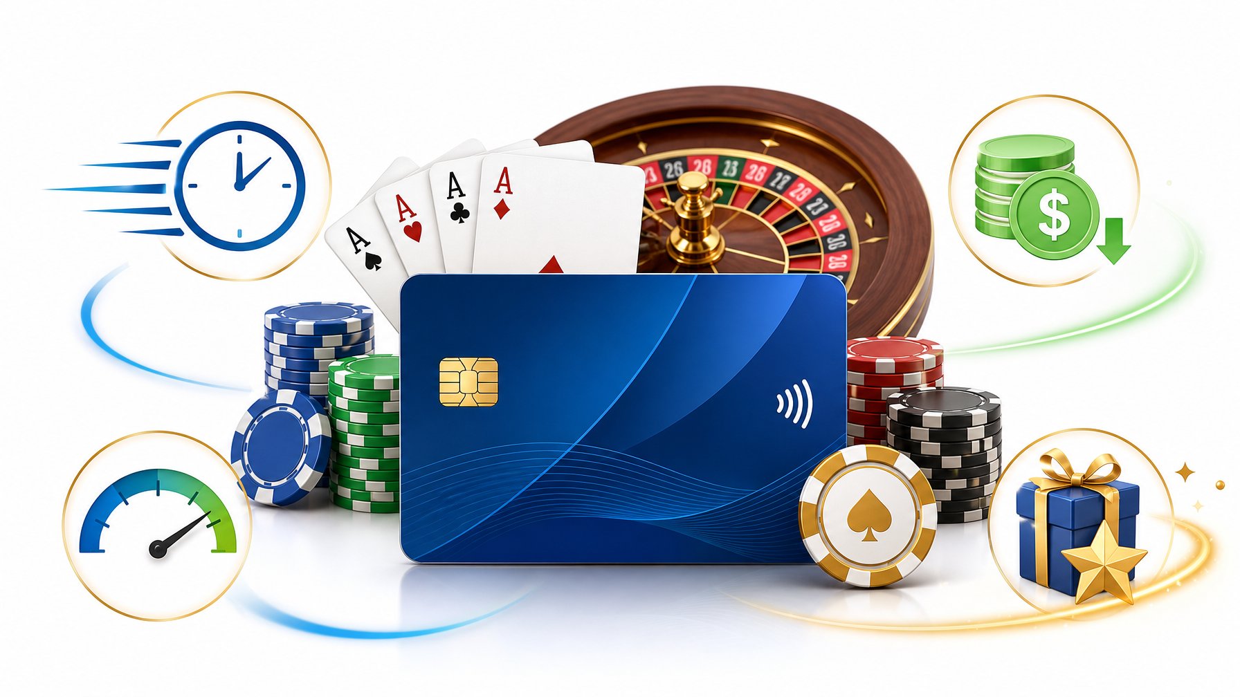 A Prepaid Card Surrounded By Casino Elements Like Poker Chips, Playing Cards, And A Roulette Wheel, Along With Icons Representing Speed, Fees, Limits, And Bonuses.