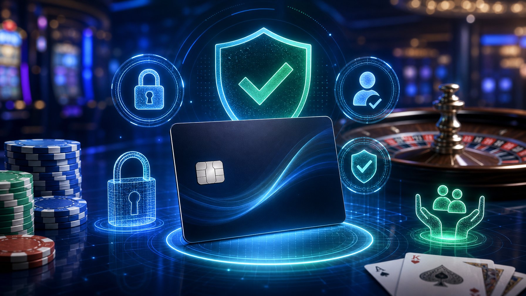 A Prepaid Card Surrounded By Security Icons Like Shields And Locks, With Casino Elements Such As Poker Chips And A Roulette Wheel In The Background.