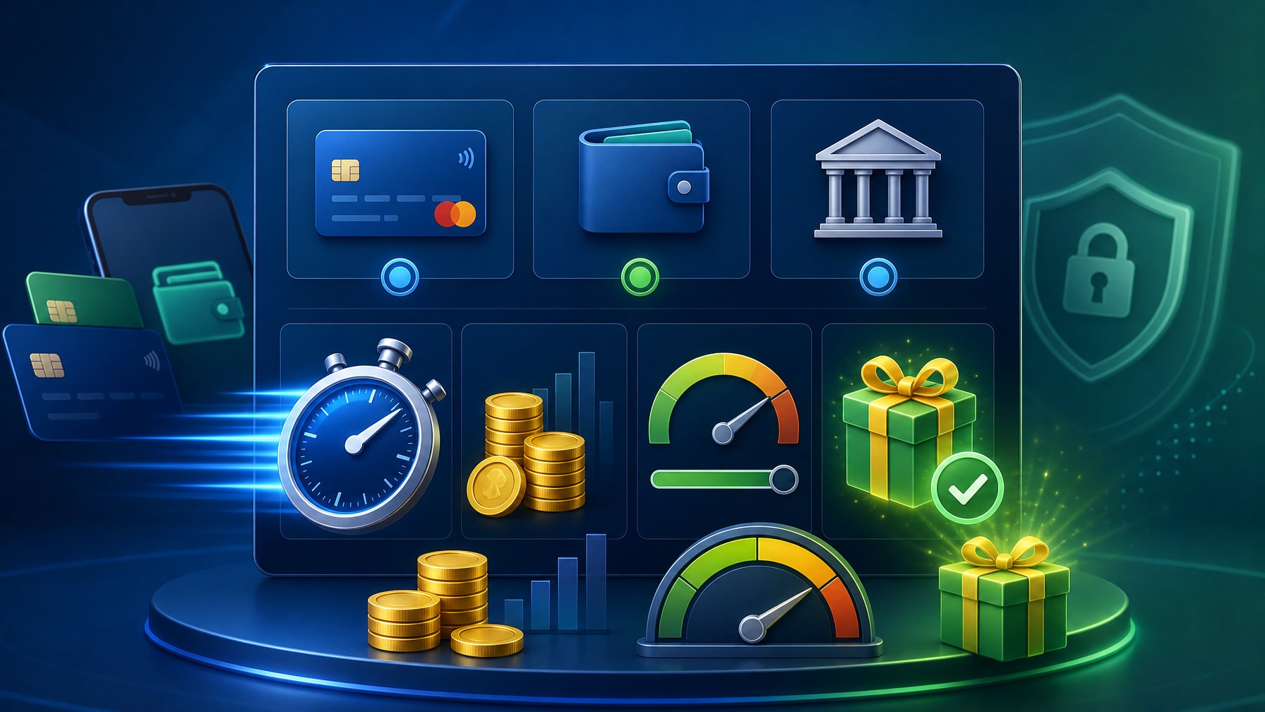An Illustration Showing Digital Payment Methods With Icons For Speed, Fees, Limits, And Bonus Eligibility On A Clean Digital Interface.