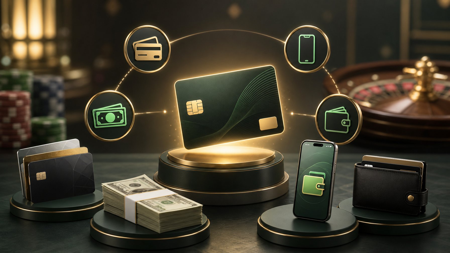 Illustration Showing A Prepaid Card Alongside Other Payment Methods Like Credit Cards, Cash, Mobile Payments, And Digital Wallets In A Casino Setting.