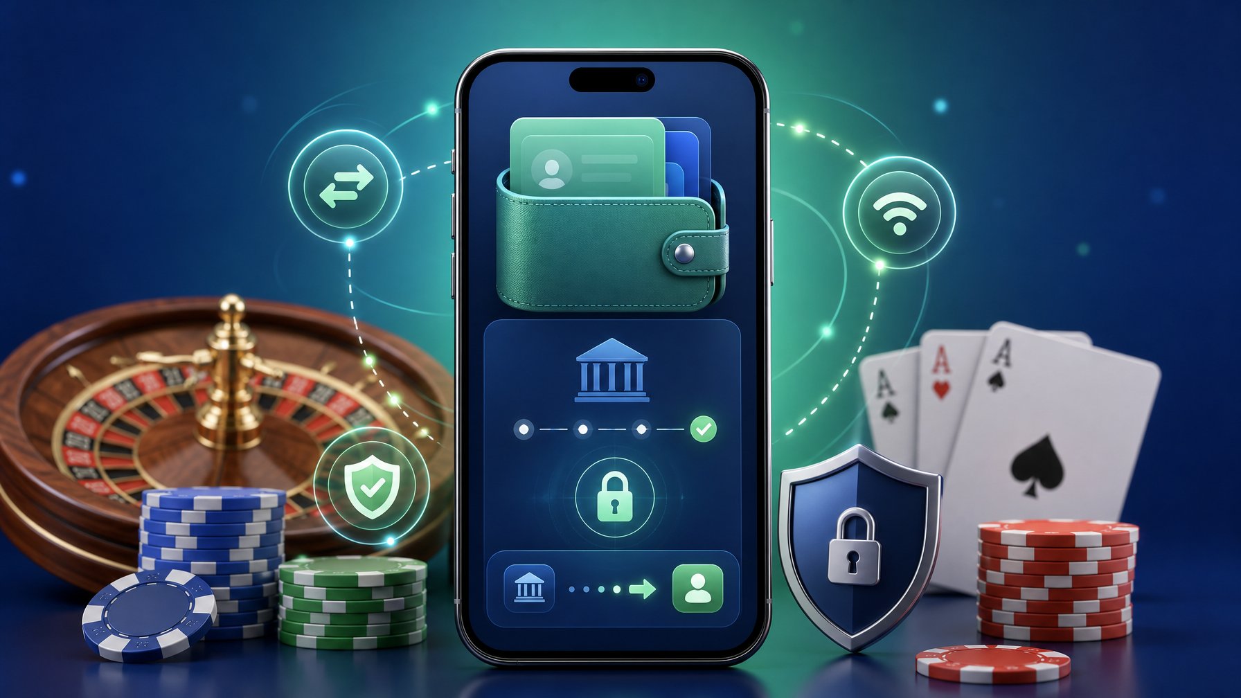 A Smartphone Displaying A Secure Digital Wallet With Casino Chips, Playing Cards, And A Roulette Wheel Around It, Symbolizing A Safe Casino Payment Method.