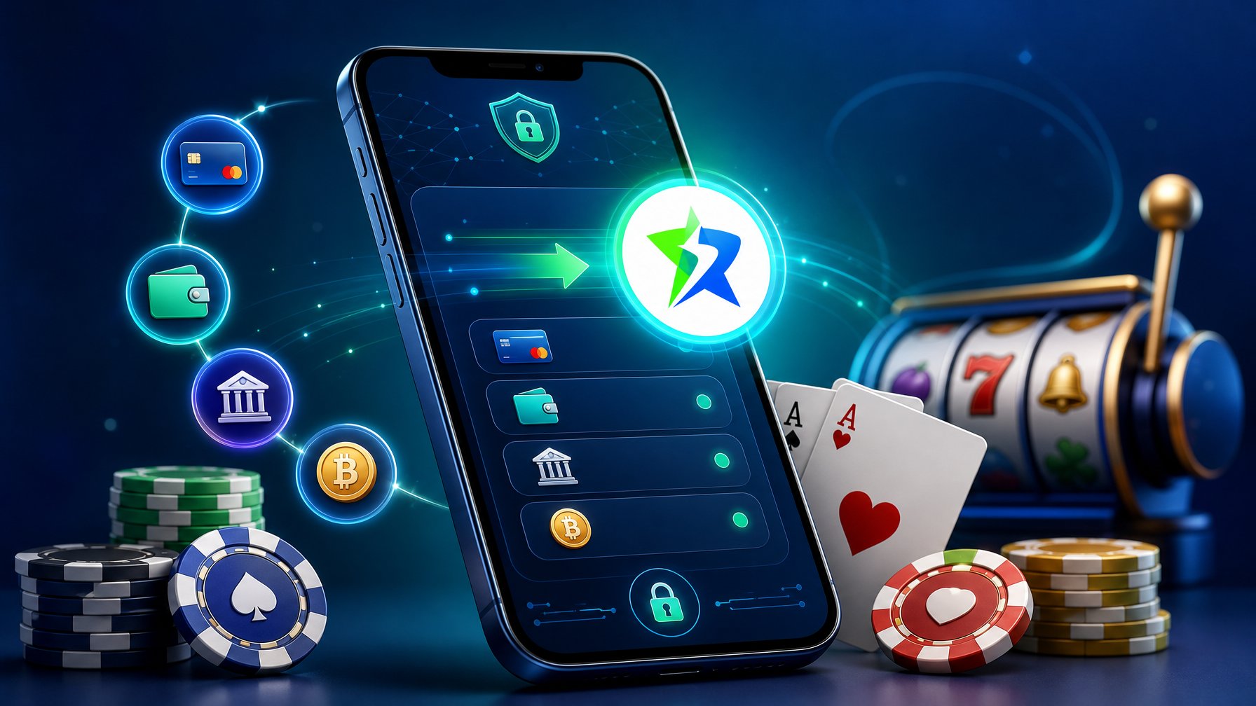 A Smartphone Showing A Secure Digital Payment Interface Surrounded By Casino Elements Like Poker Chips And Playing Cards.