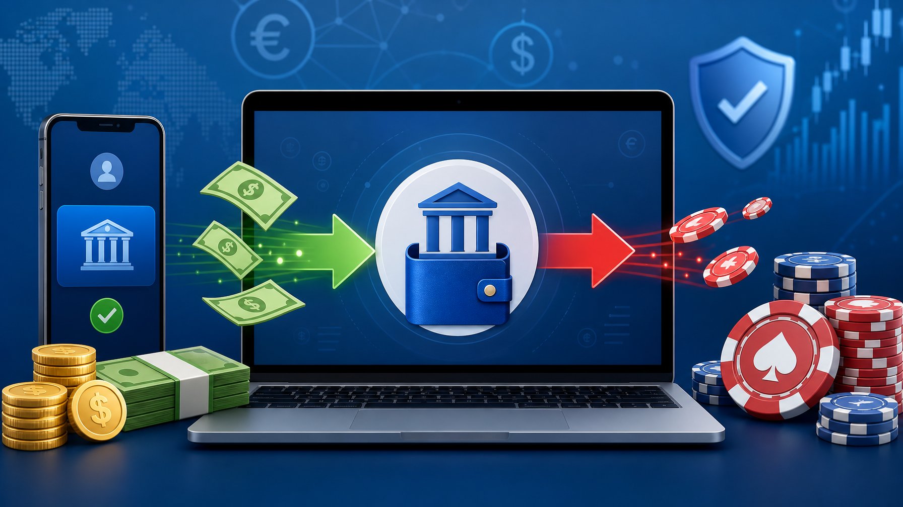 Illustration Showing Money Flowing Into And Out Of A Digital Wallet Through A Casino Payment System With Icons Of A Laptop, Bank Account, And Casino Chips.