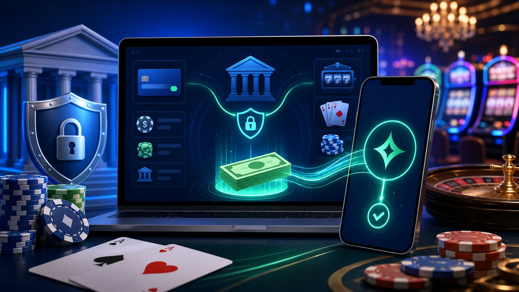 A Digital Device Showing A Secure Payment Transaction With Casino Elements Like Poker Chips And Playing Cards In The Background.