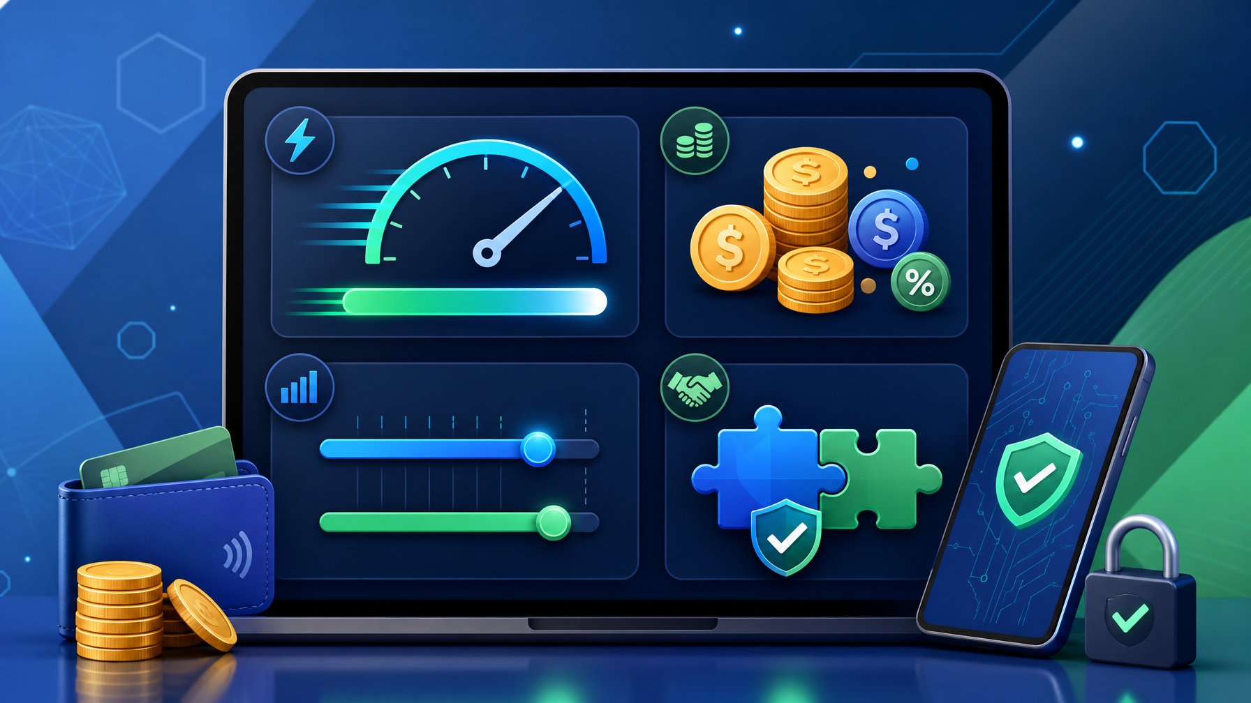 A Digital Payment Interface Showing Speed Indicators, Currency Icons, Limit Bars, And Symbols Representing Bonus Compatibility.