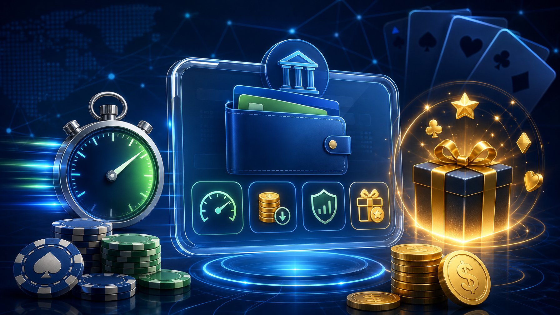 A Digital Wallet Surrounded By Icons Representing Transaction Speed, Fees, Limits And Bonuses With Subtle Casino Elements Like Poker Chips And Playing Cards In The Background.