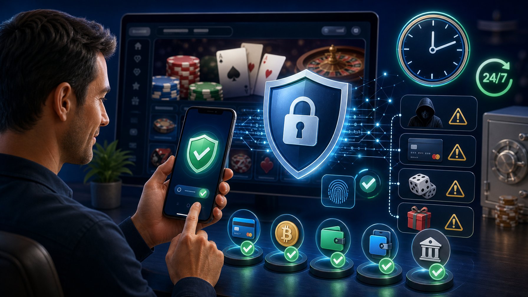 A Person Using A Smartphone To Make A Secure Payment On A Casino App, Surrounded By Icons Representing Security, Availability, And Caution.