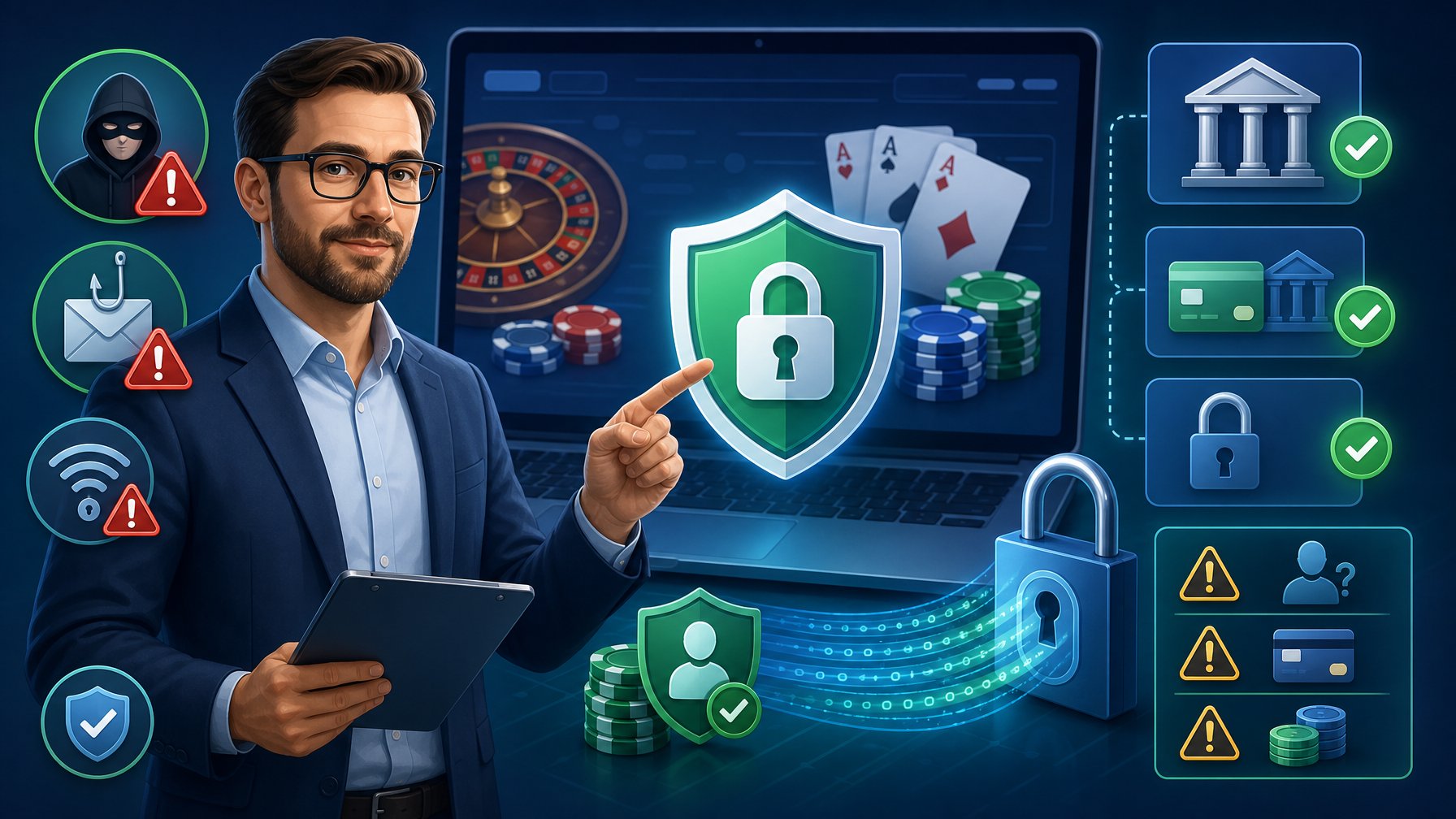 A Professional Advisor Points To A Shield Icon Representing Security With A Secure Online Casino Interface And Payment Symbols In The Background.