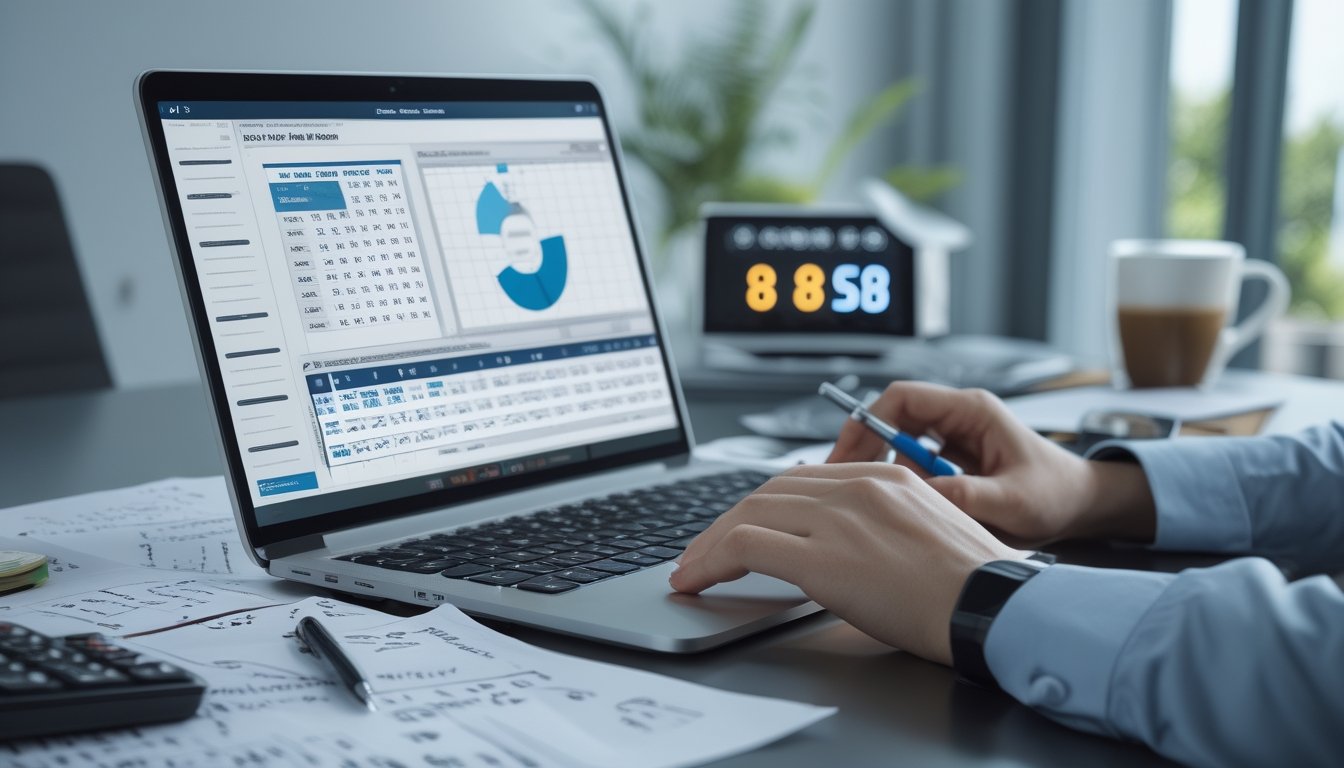 Meja kerja dengan laptop menampilkan data angka dan tangan seseorang sedang menulis catatan matematis.