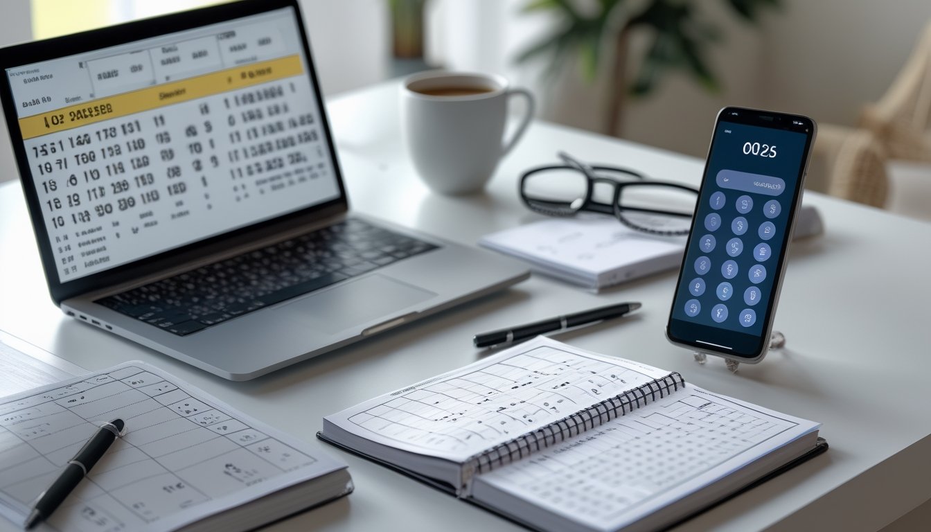 Meja kerja dengan laptop, buku catatan, pena, dan ponsel yang menampilkan aplikasi lotere, diatur rapi dengan pencahayaan alami.