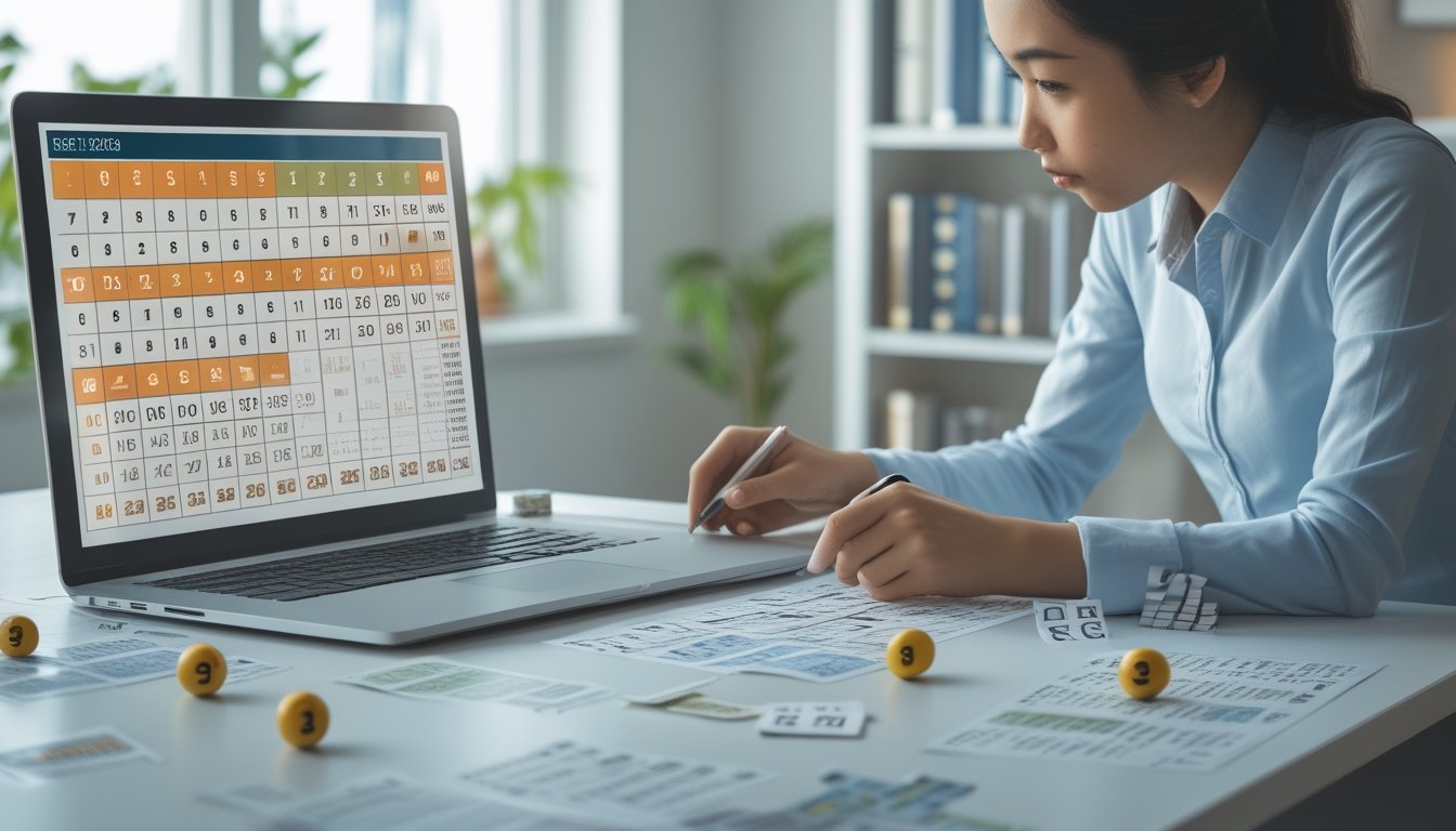 Seorang individu duduk di meja kerja dengan laptop dan tiket togel, fokus menganalisis data angka dalam suasana yang terang dan rapi.