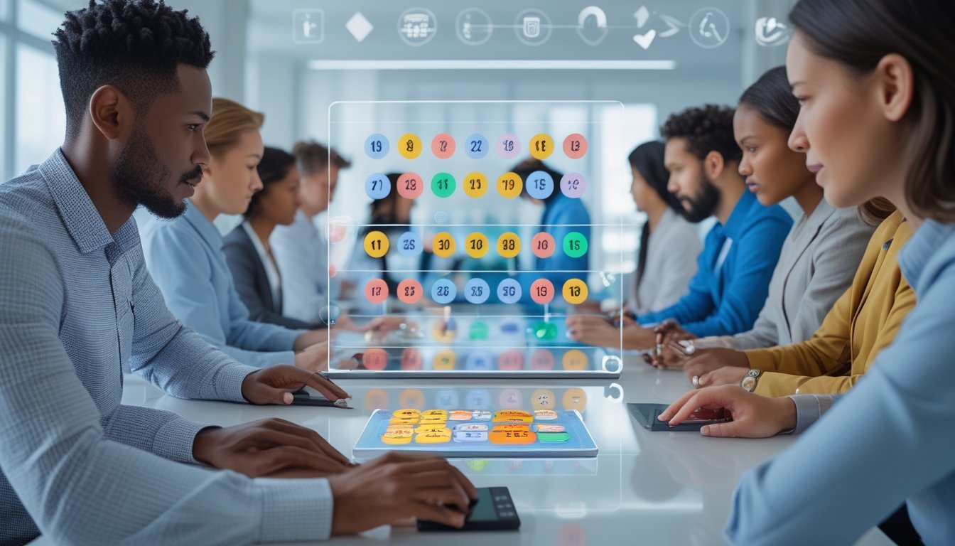Orang-orang yang fokus menggunakan teknologi digital modern untuk bermain togel online di lingkungan kantor yang terang dan bersih.