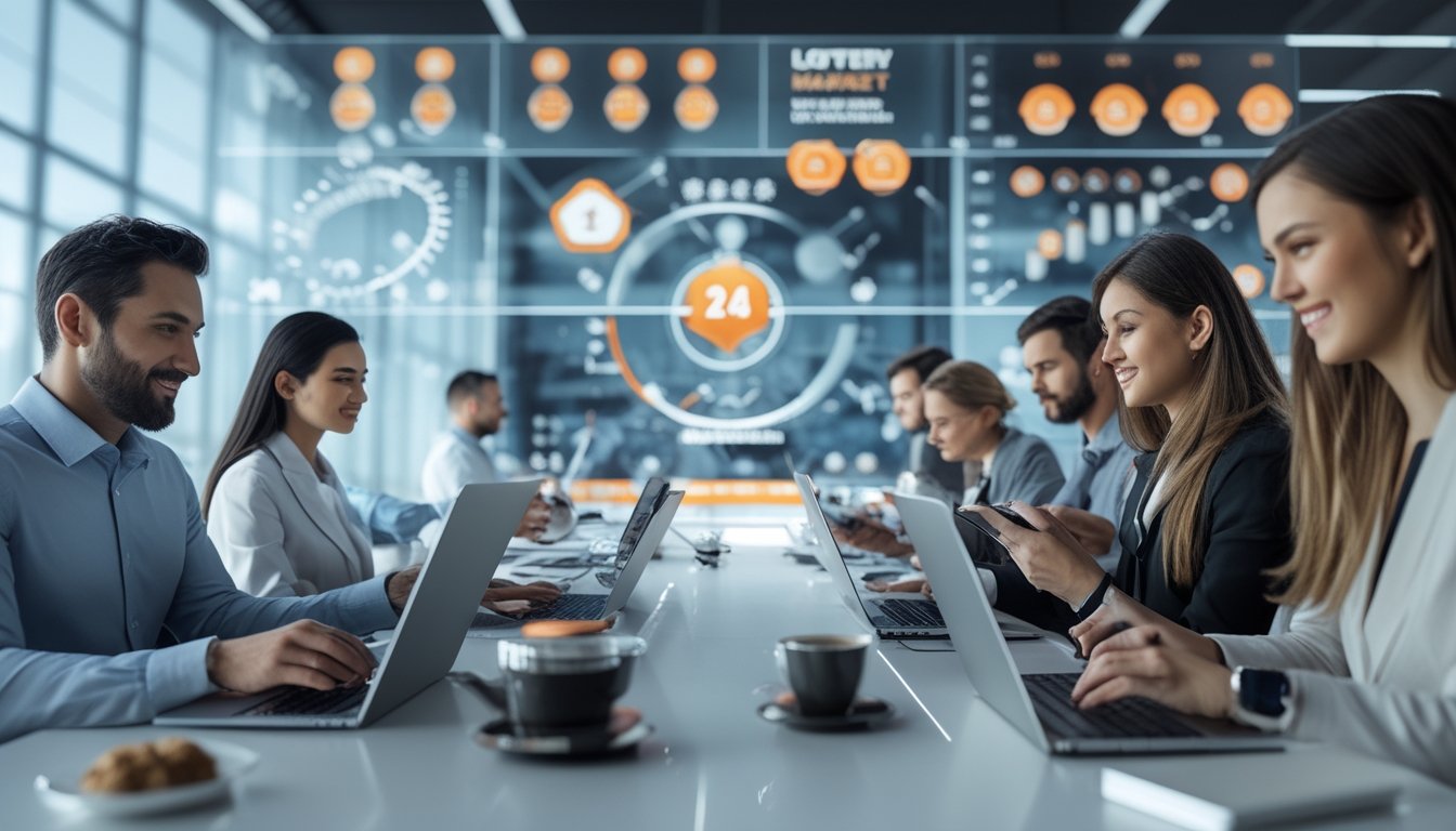 Orang-orang menggunakan perangkat digital di kantor modern dengan layar menampilkan data terkait togel online.