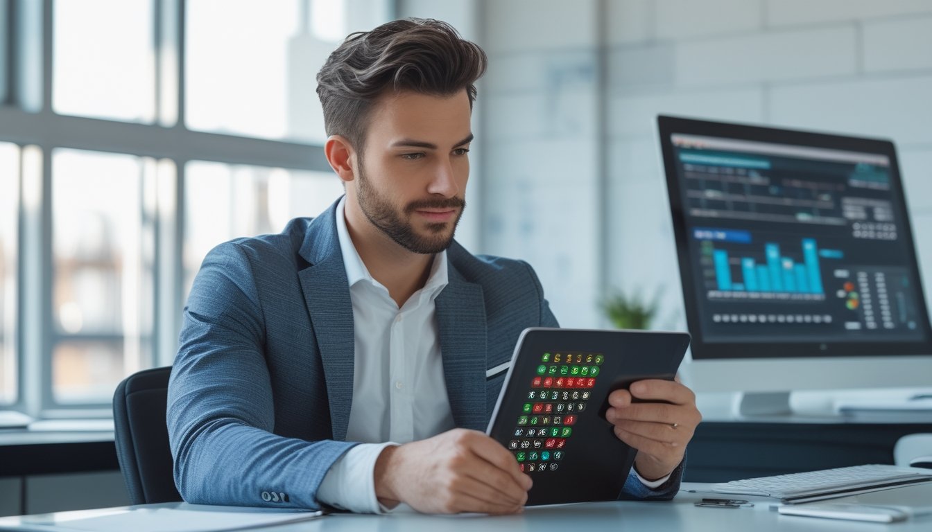 Seorang pria fokus menganalisis angka togel di tablet di kantor modern dengan pencahayaan alami.
