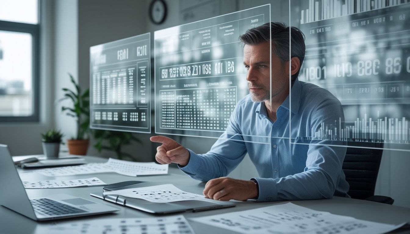Seorang pria dewasa sedang menganalisis data angka dan grafik di layar digital di dalam kantor modern.