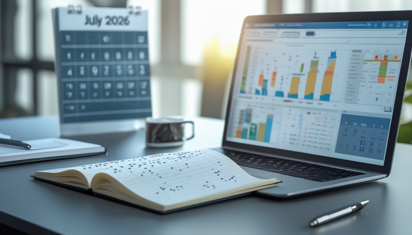 Meja kerja modern dengan laptop menampilkan grafik angka, buku catatan dengan perhitungan, dan kalender bulan Juli 2026 di latar belakang.