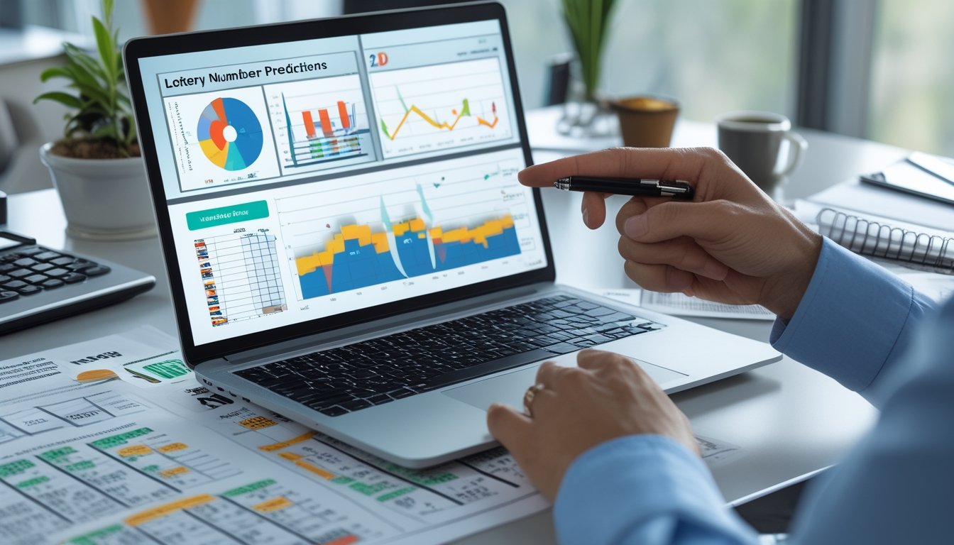 Sebuah ruang kerja modern dengan laptop yang menampilkan grafik dan tabel angka, tangan seseorang menunjuk layar, menunjukkan analisis angka togel 2D.