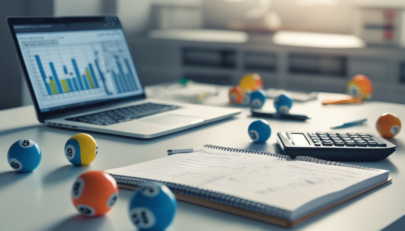 Meja kerja dengan laptop menampilkan grafik dan angka, buku catatan dengan perhitungan, kalkulator, dan bola lotere berwarna dengan nomor, menunjukkan suasana analisis angka togel.