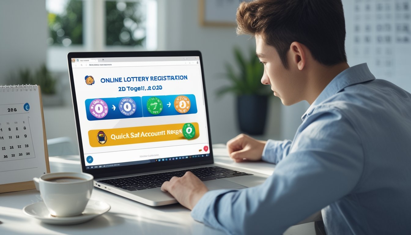 Seseorang menggunakan laptop di ruang kerja rumah yang terang untuk mendaftar akun togel secara online dengan suasana yang tenang dan profesional.