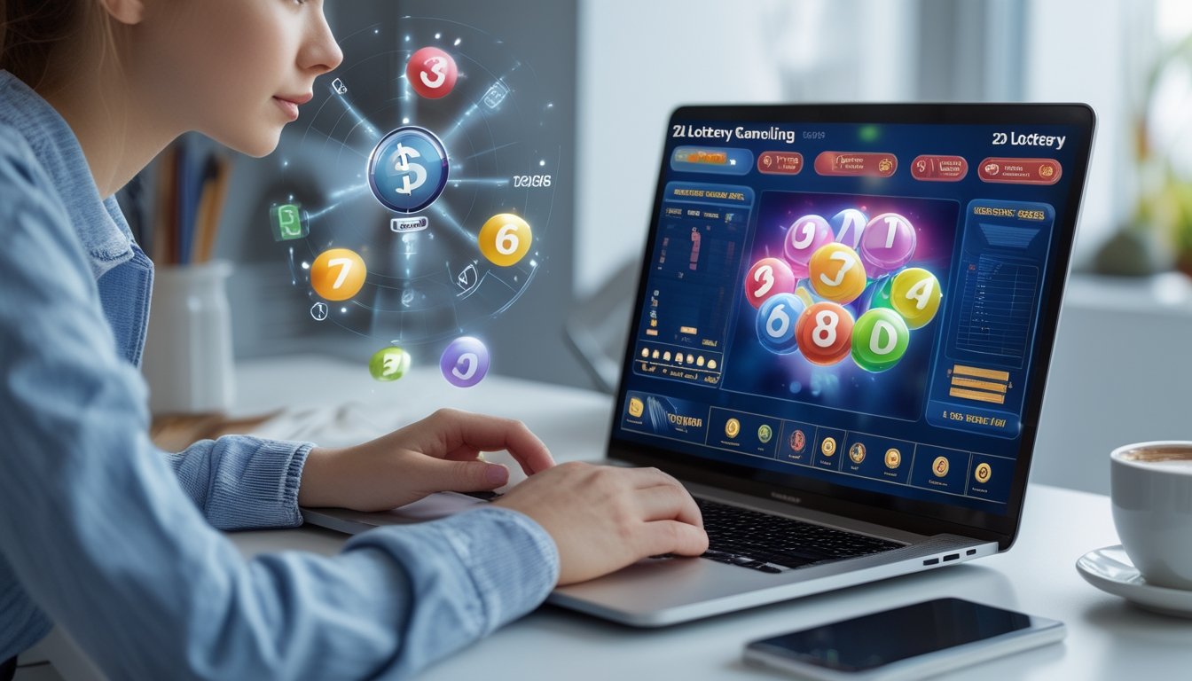 Seseorang sedang menggunakan laptop di meja kerja dengan tampilan permainan togel online dan elemen simbol keberuntungan di sekitarnya.