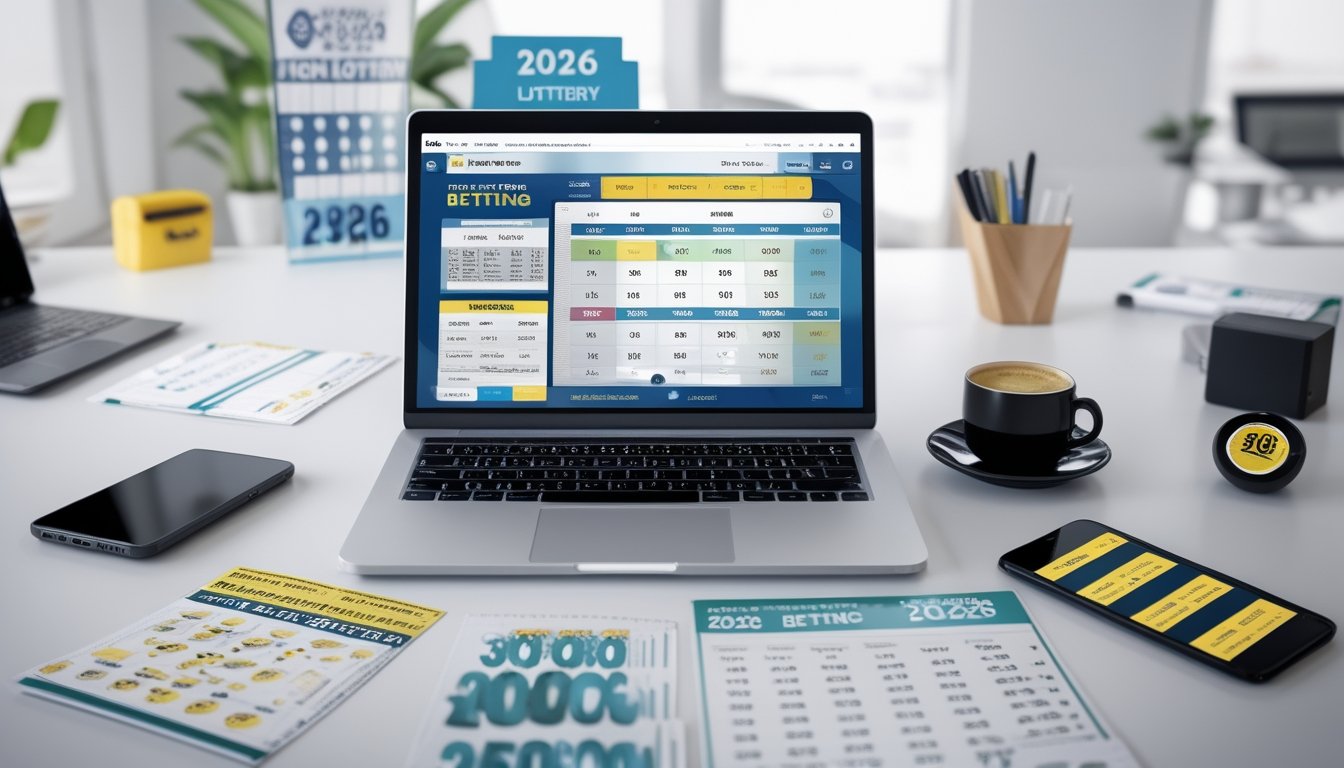 Meja kerja modern dengan laptop yang menampilkan grafik dan angka terkait taruhan togel 2D tahun 2026, dikelilingi tiket togel, kopi, dan ponsel di ruang kantor yang terang.
