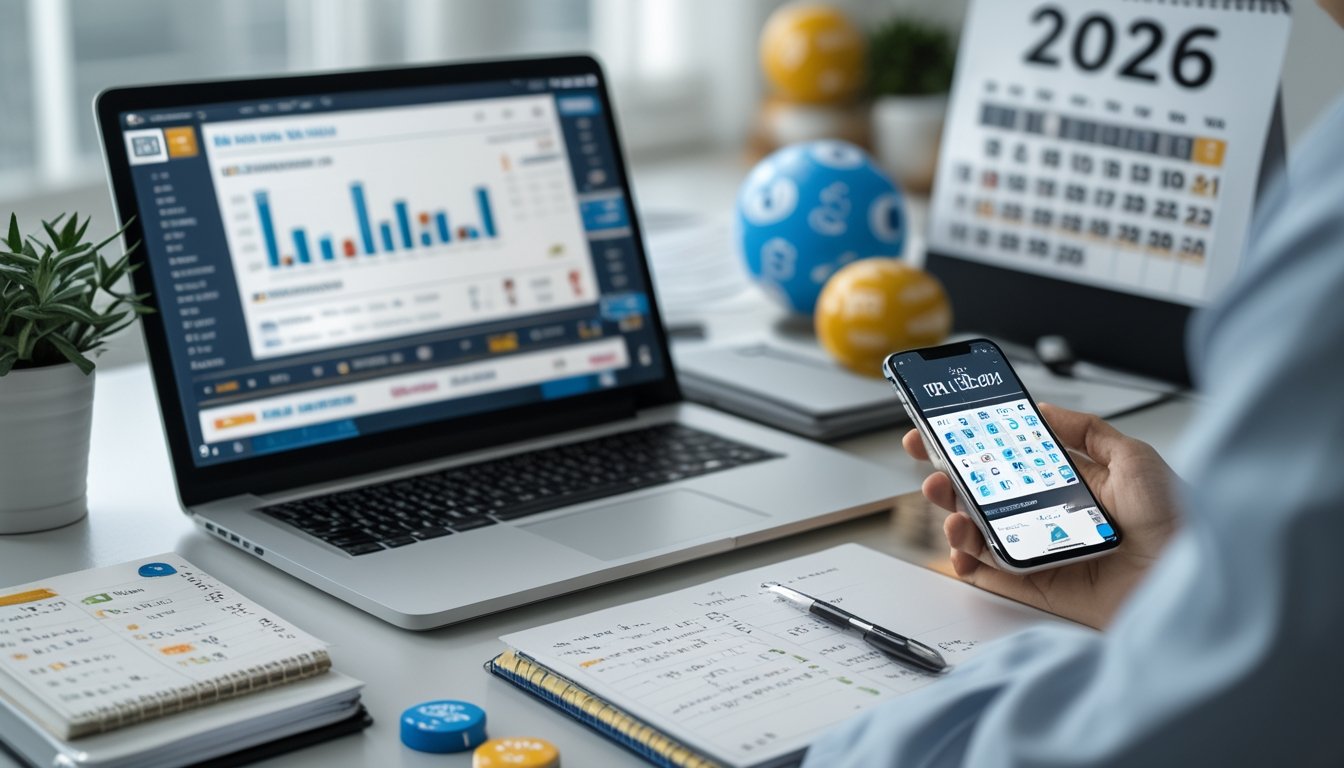 Meja kerja modern dengan laptop, notepad, dan smartphone yang menampilkan data terkait taruhan togel 2D tahun 2026.