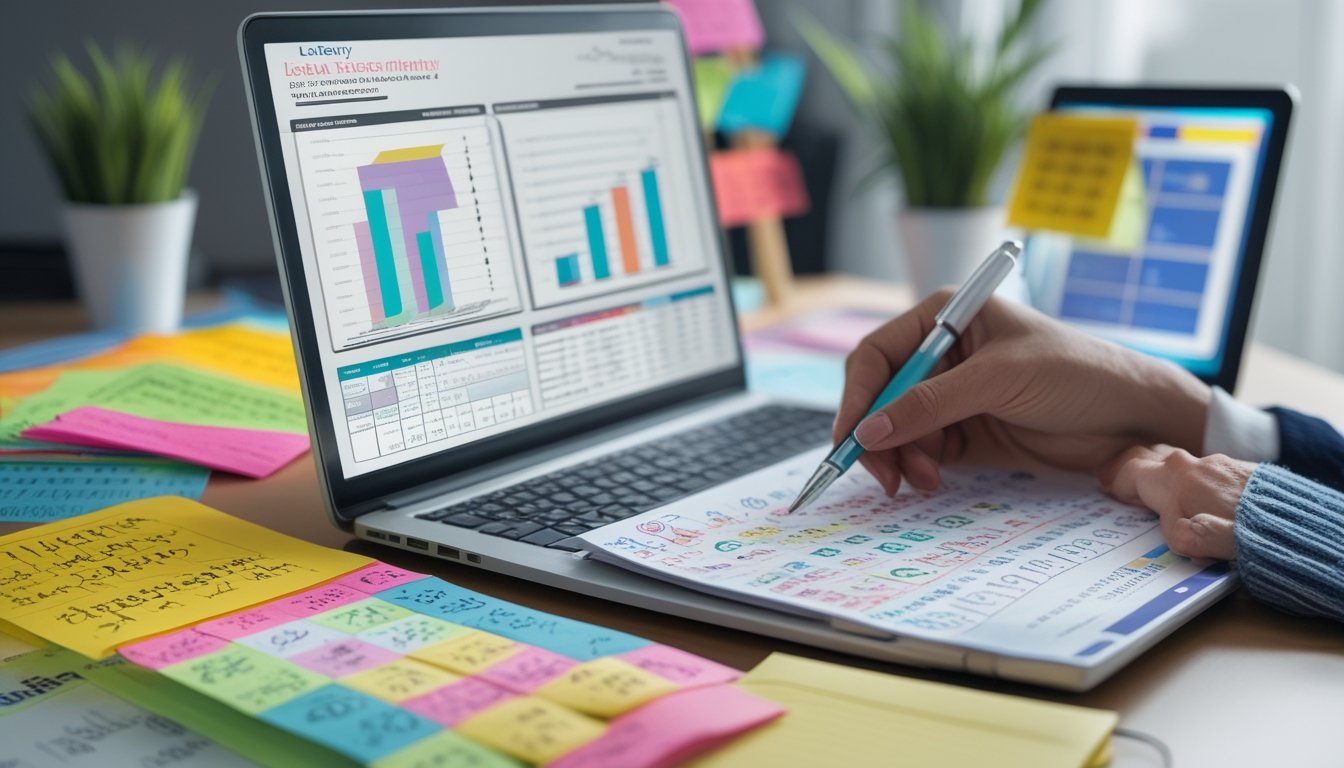 Meja kerja dengan laptop, catatan, dan grafik warna-warni yang menunjukkan analisis data untuk meningkatkan peluang menang togel.