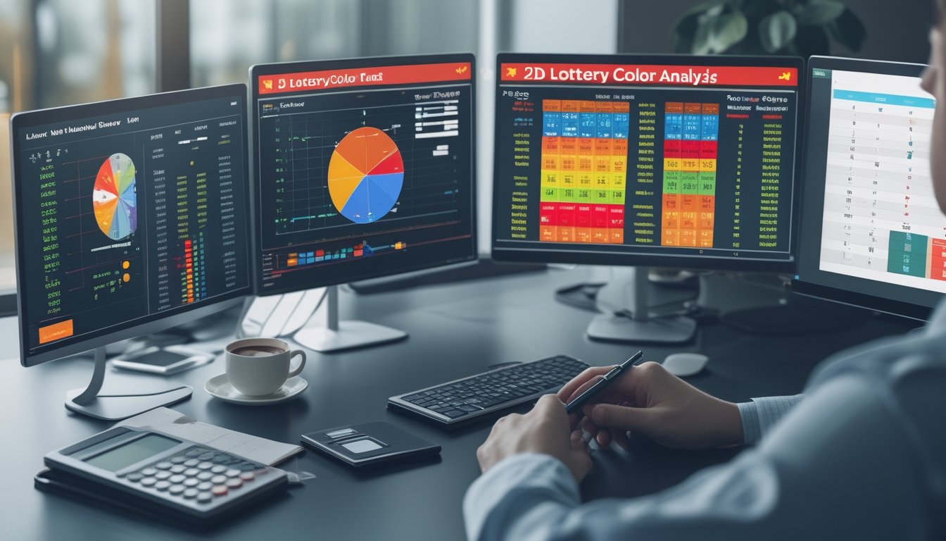 Seorang pria sedang menganalisis data warna pada layar komputer di meja kerja dengan beberapa grafik dan alat tulis.