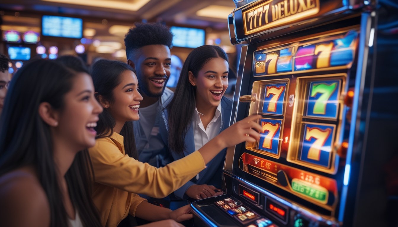 Beberapa orang muda bermain mesin slot 777 Deluxe di dalam kasino yang modern dan mewah.