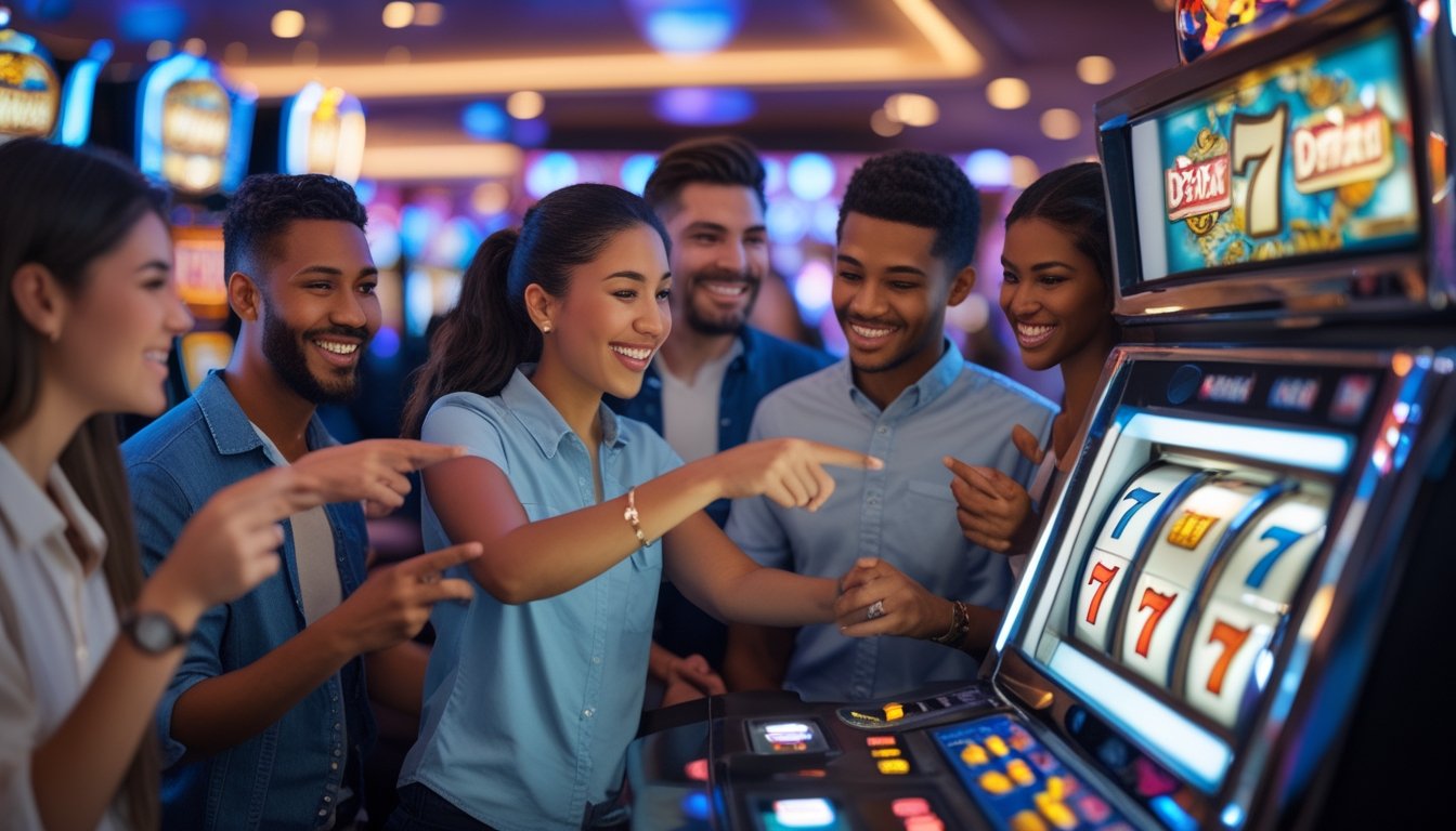 Sekelompok pemula sedang belajar bermain mesin slot 777 Deluxe di dalam kasino yang ramai dan berwarna-warni.