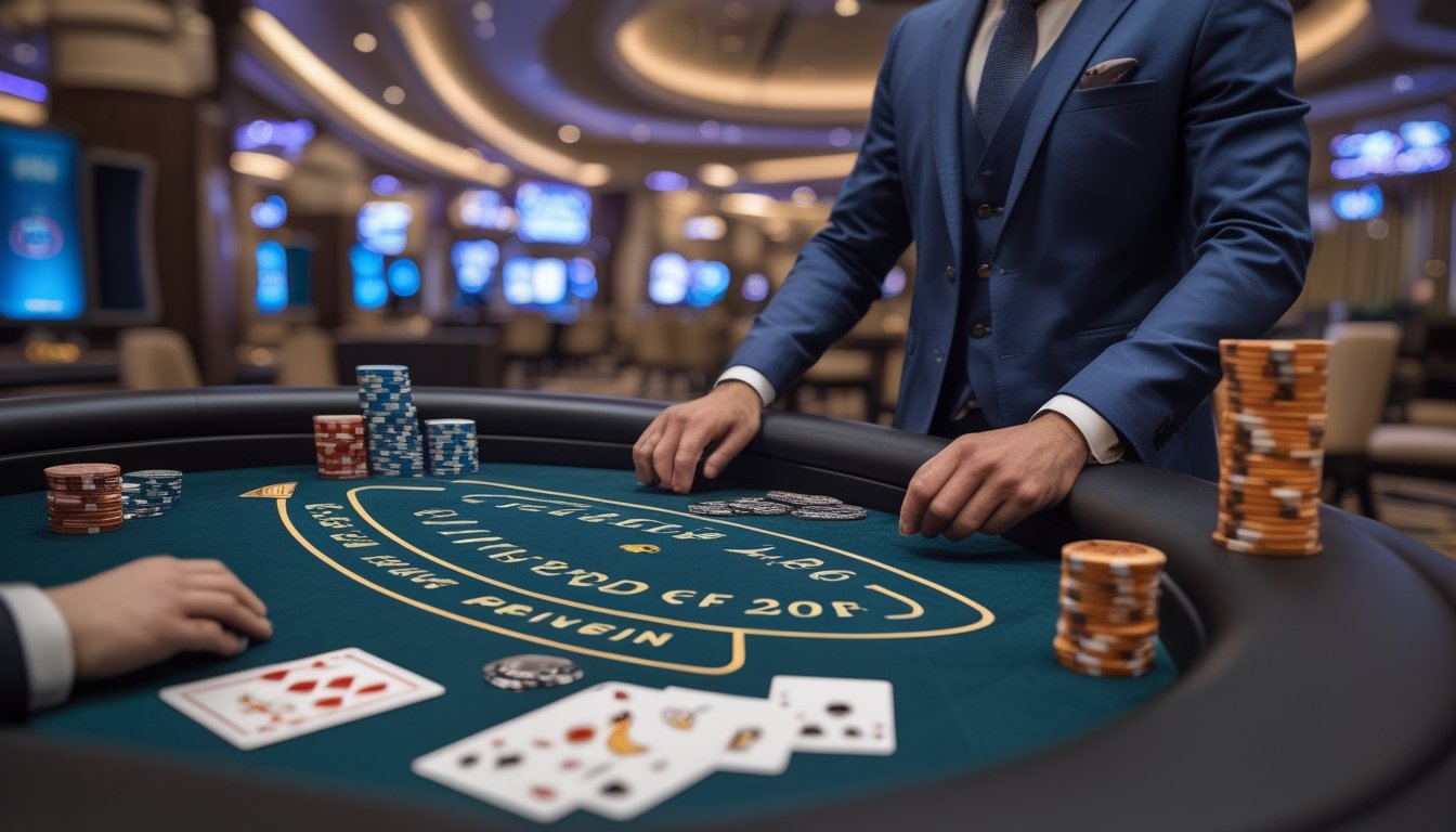 Meja blackjack di kasino dengan kartu dan chip tertata rapi, seorang dealer sedang membagikan kartu.