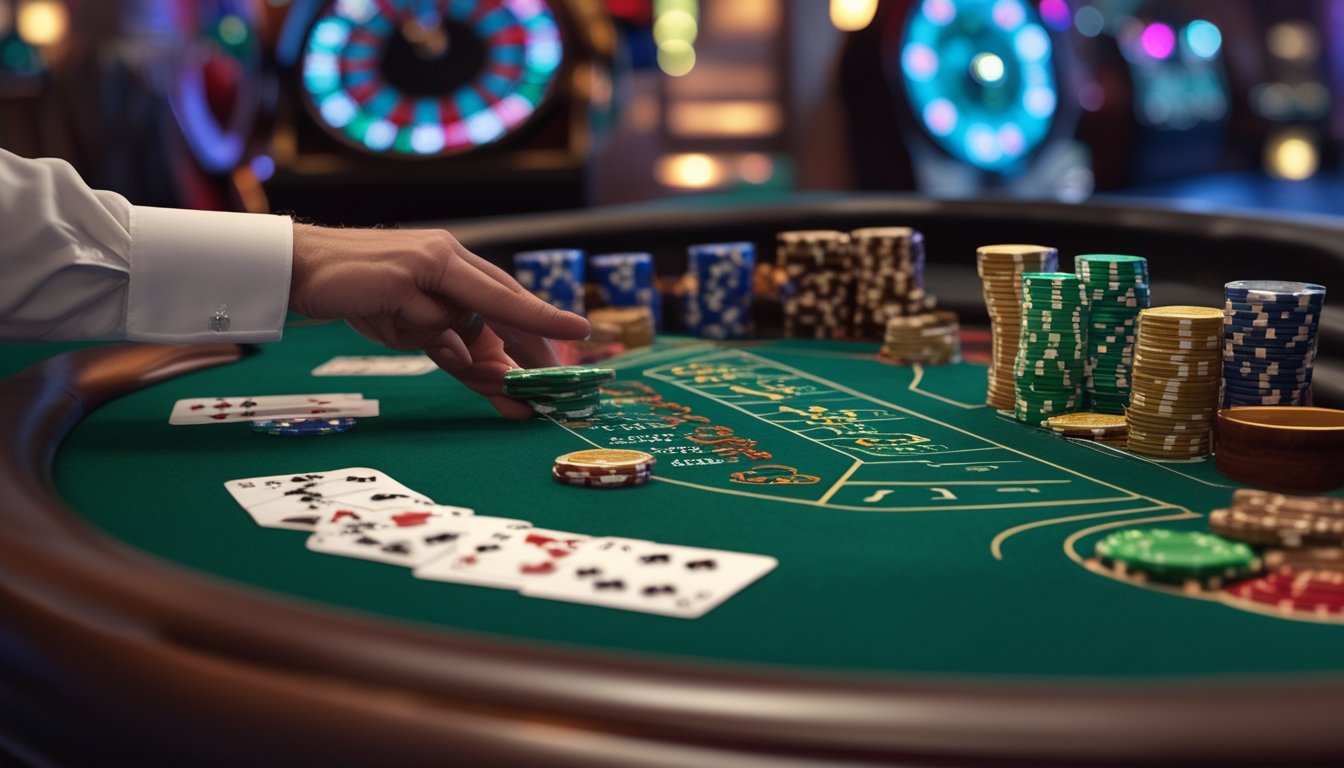 Meja permainan European Blackjack dengan kartu dan tumpukan chip, tangan dealer sedang membagikan kartu, suasana kasino di latar belakang.