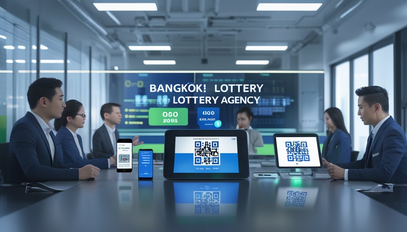 Suasana kantor modern dengan profesional yang menggunakan perangkat digital untuk transaksi pembayaran QRIS dalam konteks agen togel Bangkok terpercaya.
