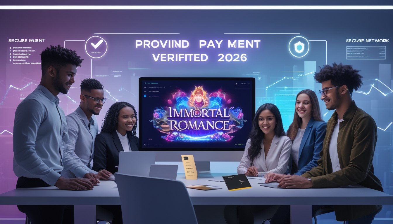 Sekelompok orang muda sedang bekerja bersama di depan komputer dengan layar menampilkan permainan slot bertema fantasi, di ruang kantor modern yang terang dan rapi.